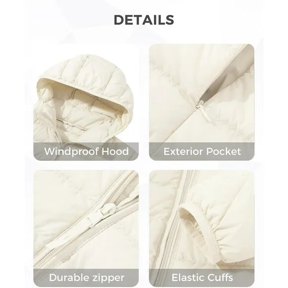 Women's Light Beige Short Down Hooded Puffer Jacket Coat Fabric Packable Ultra